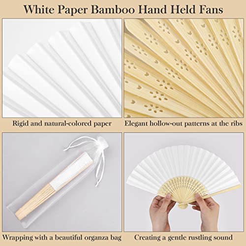Mceast 120 Pieces White Paper Bamboo Hand Held Fans With Organza Bags Handheld Folding Fans Hollow-Out Bamboo Rib Paper Hand Fan For Wedding Gifts Party Home Decoration Diy Dance #TOP2