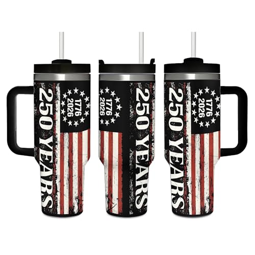 Mount Hour 250 Years of Anniversary Vacuum Insulated Travel Tumbler 40 oz (1200 ml), USA Patriotic Reusable Car Coffee Cup Mug with Handle Straw for Birthday Party Gift (Print in USA)