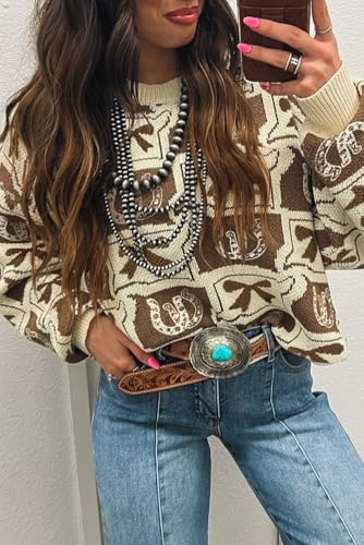Apvirdy Women's Bows & Horseshoes Pattern Western Sweater Loose Crewneck Drop Shoulder Sweater Ribbed Knit Pullover2