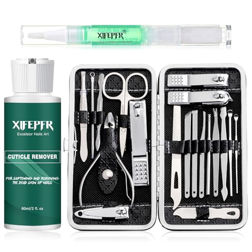 XIFEPFR Manicure Set - Cuticle Remover Cream, 19Pcs Nail Clipper Pedicure Kit with Black Luxurious Travel Case, Stainless Steel Nail Set for Men Women, Gifts for Women