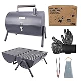 Mini Portable Charcoal Grill & Small Tabletop BBQ - Tailgate Camping Travel Grill for Balcony - Barrel Style w/Griddle & Premium Accessory Set