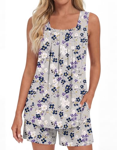 Image of LONGYUAN Womens Sleeveless Pajama Set Soft Summer Lounge Shorts Tank Top Sleepwear with Pockets 2 Piece Set M-3XL