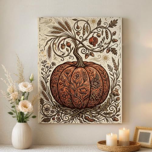 Lienzo de calabazas en tonos naranja otoñal con impresiones artísticas florales