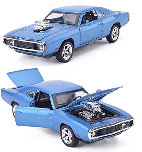 Image of WireScorts Fast & Furious 7 Diecast Metal Pullback Openable Doors Toy Cars with Flashing Light and Musical Sound for Gifts Toys for Kids Boys and Girls Children - Blue