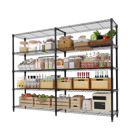 Garvee Metal Storage Shelves 5-Tier Wire Shelving Rack Units, 1325LBS Heavy Duty Adjustable Shelves for Storage, 71"W Black Standing Shelf Rack for Ki