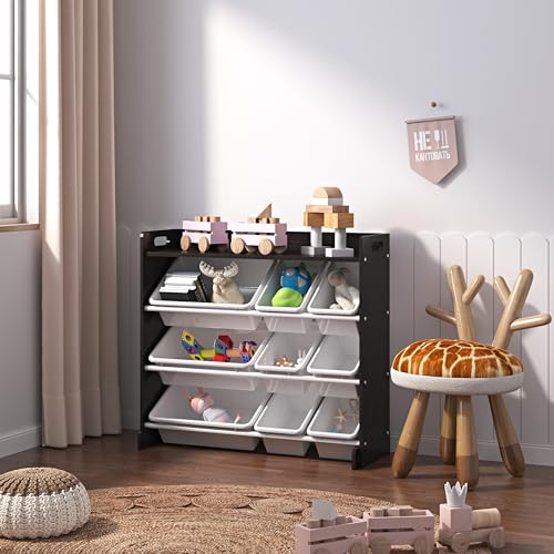 Duffy® Wooden Toy Shelf Storage Organiser for Children with 9 BPA Free Plastic Removeable Storage Bins, Ideal for Storing Toys, Games, Books and Craft Supplies (Black Wood/White)