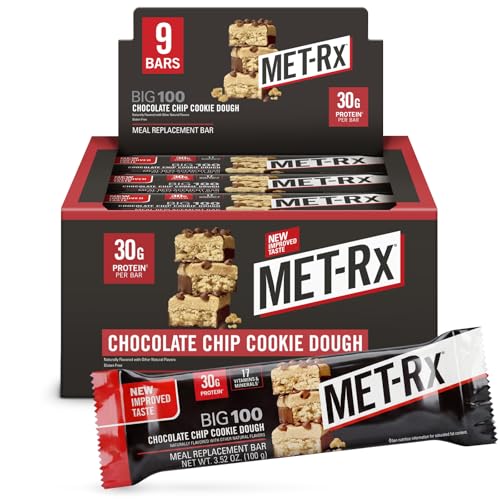 MET-Rx Big 100 Colossal Protein Bars, Chocolate Chip Cookie Dough Meal Replacement Bars, 9 Count (Pack of 1)