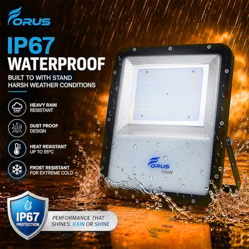 Image of Forus 100W LED Flood Light Outdoor, IP67 Waterproof Wall Mounted Outside Light, High Bright Amber LED Flood Light for Parking, Society, Industrial & Flood Lighting with 4 Year Warranty (1 Pc)