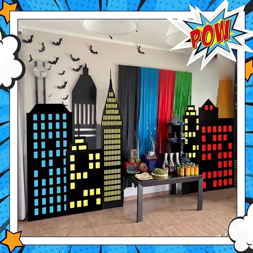 Image of 4 Pcs Hero Stand Party Decorations Set with Sturdy Bases Skyscraper Big Yard Sign for Hero Theme Birthday Party Backdrop City Skyline Buildings Photo Booth Props Supplies