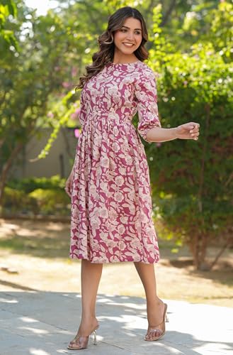 Image of Janasya Women's Cotton Floral Printed Gathered Dress