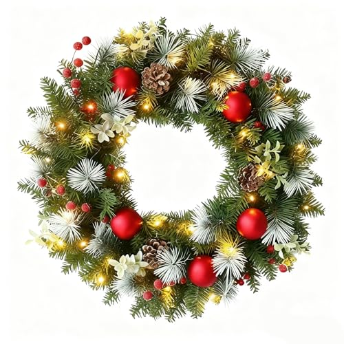 55cm/22 Inch Pre-Lit Artificial 40 LED lights Christmas Wreath with Pine Nuts Berries Frost Branches and Spherical Clusters Adornment Applicable to the Windows Door Mantel Christmas Decorations