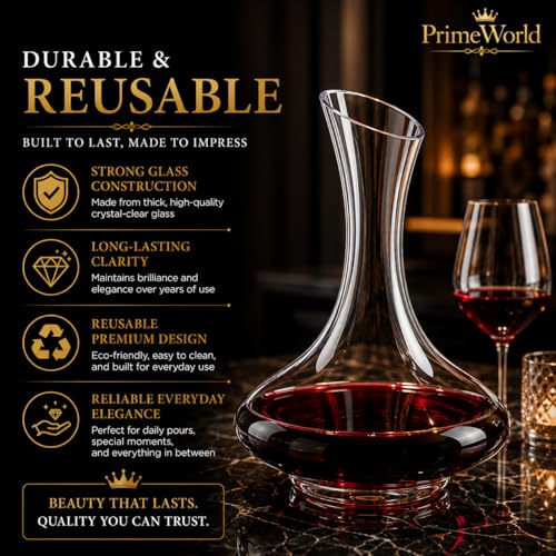 Image of PrimeWorld European 1500 ml Open Crystal Clear Glass Decanter Set of 1 Pcs - Perfect for Whiskey, Scotch, Wine, Vodka, Tequila, Rum etc