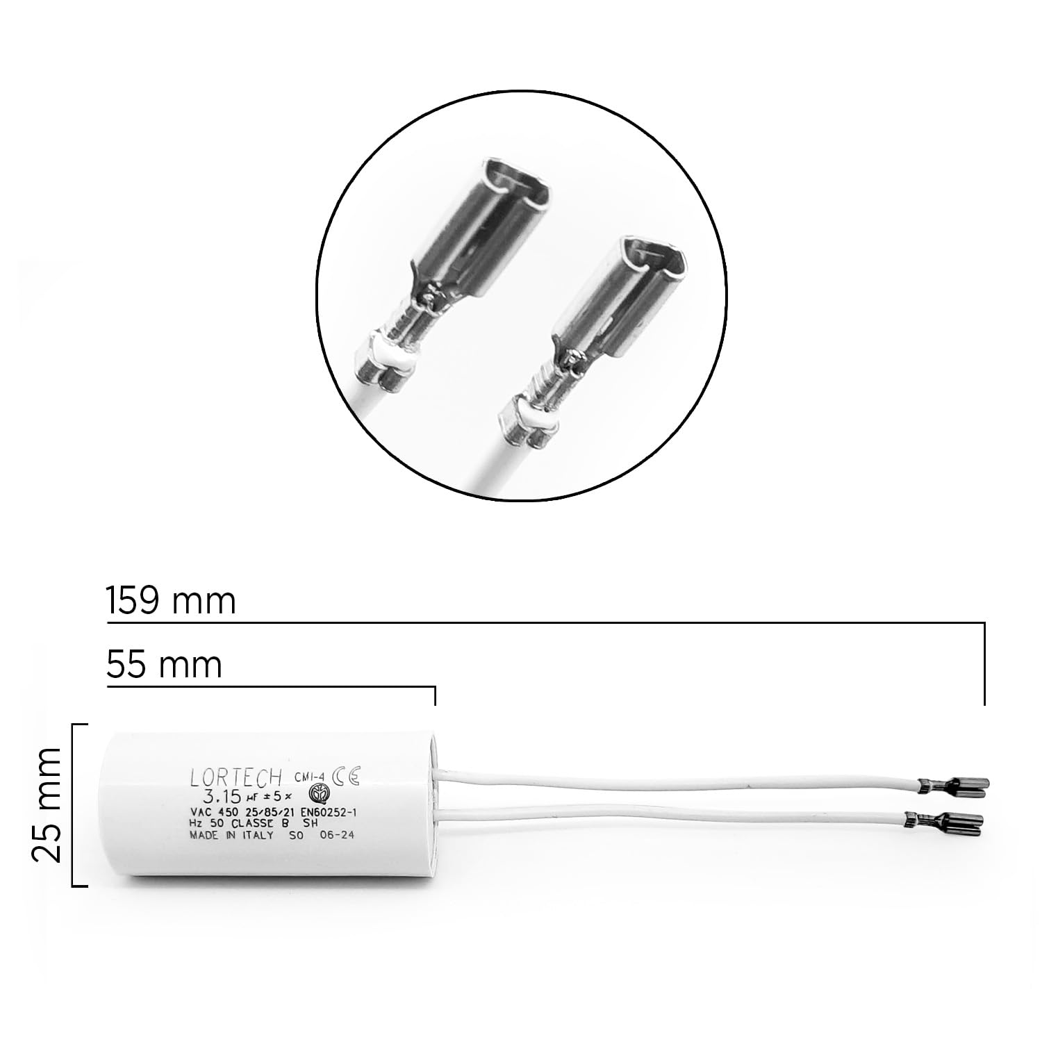 Condensateur Moteur 3.15 µF – Fils + Connecteur Mini Faston Femelle Pour Store, Volet Roulant Tubulaire