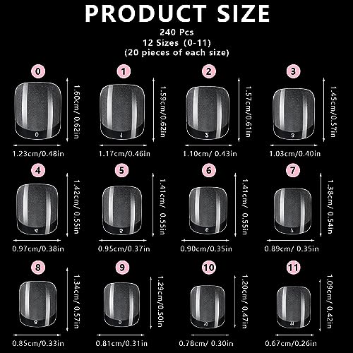 MWOOT 240 Pcs Short False Nails Tips,Full Cover Acrylic Extra Short Square Round Press on Nail,Artificial Fake Nail Design for Manicure Salon Home Nail Art Nail Extension(12 Sizes,Half Matte Clear) - Image 3
