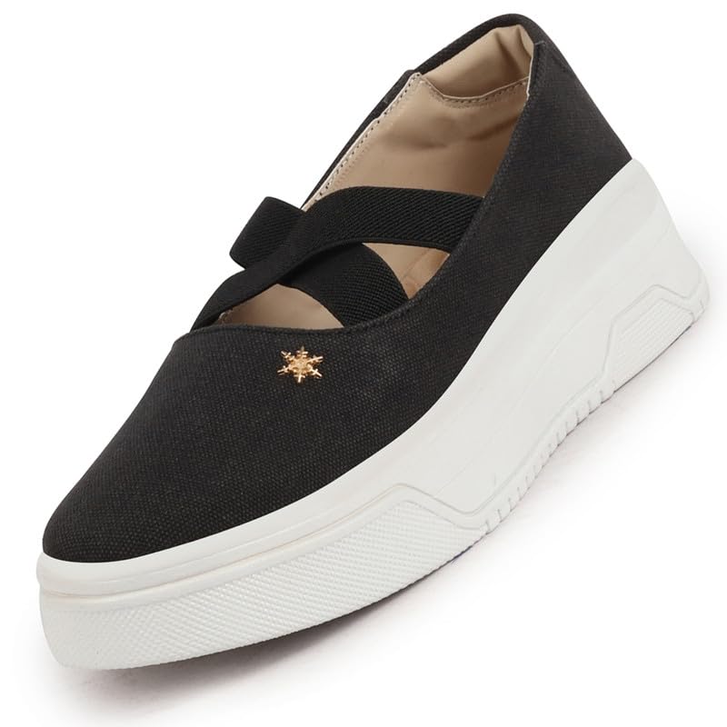 FAUSTO Women's Elastic Closure Cross Strap Denim Slip On Height Enhancer Ballet Shoes