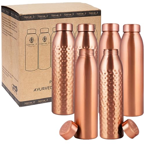 Image of NORMAN JR, Copper Water Bottle 1L - Gift Box of 6, Plain 3, Hammered 3, an Ayurvedic vessel made from pure copper - helps you drink more water, with many health benefits