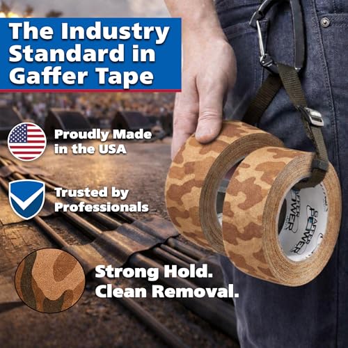 Image of Gaffer Power Desert Tan Camo Gaffer Tape - Professional Grade, Made in USA, Non-Reflective Matte Cloth Tape, Heavy Duty, Easy Tear, Residue-Free - 2 Inch x 25 Yards