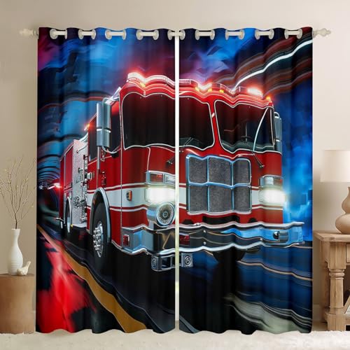 Fire Truck Window Curtains,Firefighter Car Curtain,Firemen Engine Vehicle Window Drapes for Kid Teens Boys Young Man,Modern Bedroom Decorative,3D Red Fire Truck Curtain,104Wx63L