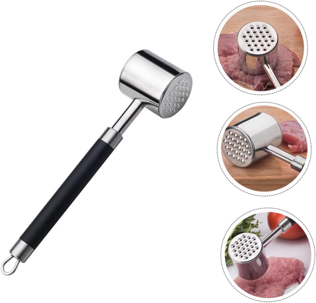 Stainless Steel Meat Mallet with Black Non-slip Handle, Dual-sided Kitchen Tenderizer Hammer for Beef and Pork Steak, 1pcs Heavy Duty Meat Pounder Tool for Home Cooking