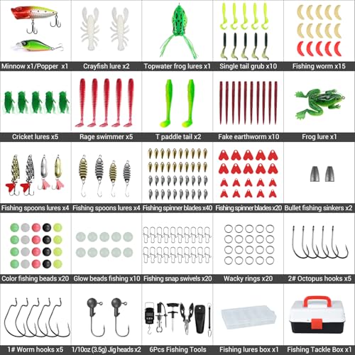 213 Stück Angelzubehör Set, 3-Regal Angelkoffer mit Zubehör, Angelset mit Köder, Haken, Angelzange, Angelwaage, Angelzubehör Köder Set für Barsch und Forellen, Angler Geschenk für Kinder Anfänger