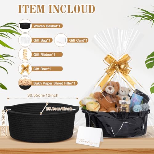 Image of Colingmill Woven Basket with Gift Bags and 2 Ribbons, Raffia Grass Paper Shred Filler, Gift Card, Empty Small Rope Basket for Storage Presents Toy Organizer(Black,12 * 8 Inch)