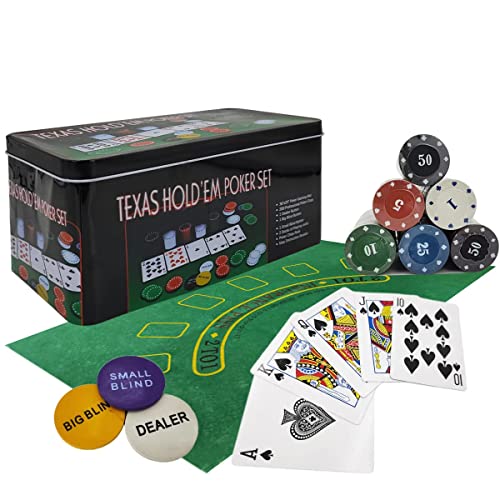 Powerking Jeu de Poker - 200 Jetons pour Texas Holdem et Blackjack avec Nappe pour Fête d'Amis en Famille