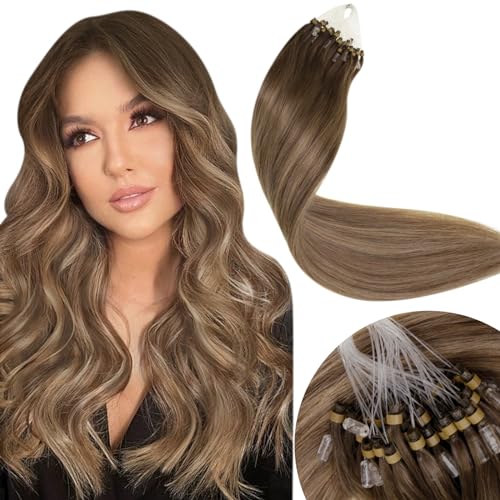 LaaVoo Micro Loop Hair Extensions Real Human Hair Brown Remy Straight Balayage Light Brown & Dark Blonde Invisible Micro Ring Hair Extensions 50g 50s 16 Inch #8/16/8
