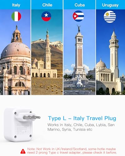 Image of HANYCONY Italy Travel Adapter, Grounded Type L Plug Adapter with 2 AC Outlets 3 USB Ports (2 USB C), US to Italy Power Adapter for Rome, Chile, Uruguay, Ethiopia - Cruise Ship Approved