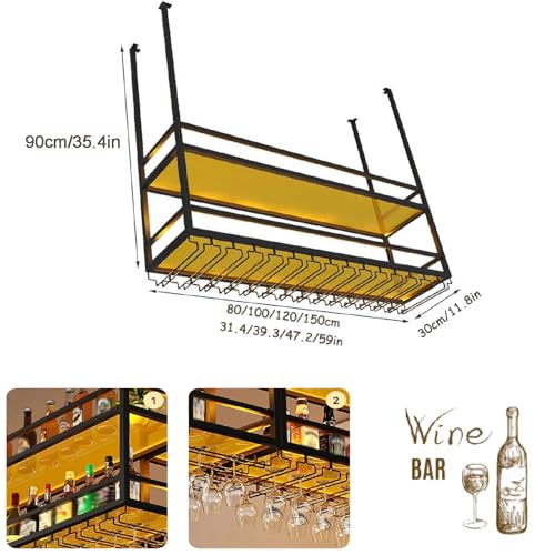 Image of 47.2IN Ceiling Wine Glass Rack with light, Acrylic Hanging Wine Rack with Glass Holder and Transparent Shelves, Wine Bottle Holder Goblet Stemware Racks Modern Home Bar Coffee Decor Rack(120CM)