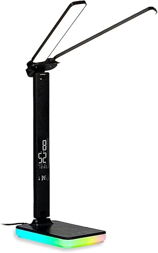 Lámpara de escritorio LED con carga inalámbrica y por cable, luz de mesa plegable, 5 modos de brillo y 3 modos de iluminación, pantalla de tiempo y