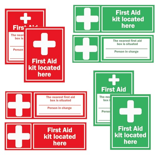 Remerabel - Lot de 8 kits de premiers secours, panneau d'urgence médicale, signalisation de santé et de sécurité, lot de 4 autocollants rouges et verts pour trousse de premiers secours médicale, kit de premiers
