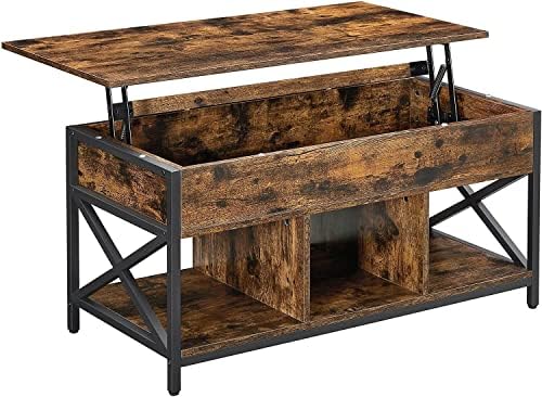 VASAGLE Lift Top Coffee Table for Living Room, Industrial Coffee Table with Hidden Compartments and Storage Shelf, Steel Frame, 19.7 x 39.4 x (18.3-24.4) Inches, Rustic Brown and Black ULCT202B01