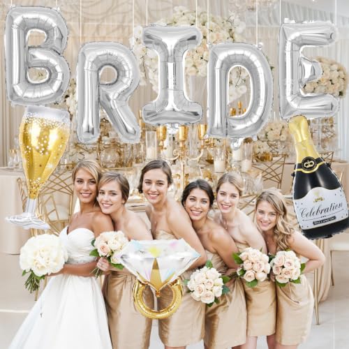Image of 40inch Bride Balloons Silver Letters Banner, Bachelorette Party Decorations Set with Diamond Ring Champagne Bottle Balloon Glass Foil Balloon for Silver Bachelorette Engagement Wedding Bridal Shower