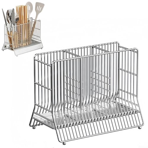 TONIXY Escurrecubiertos de acero inoxidable con 3 compartimentos, estante de secado de cubiertos de cocina, organizador de encimera
