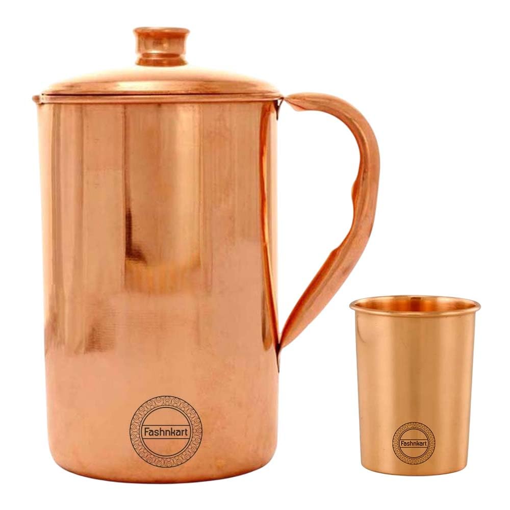 Brocca di rame per acqua potabile fatta a mano con 1 tazza di vetro per i benefici per la salute dell'Ayurveda Brocca di rame tradizionale per bere 1,5 litri 50,7 once