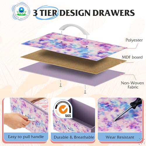 Image of WLIVE 9 Drawer Dresser, Fabric Storage Tower for Bedroom, Hallway, Closet, Tall Chest Organizer Unit for Bedroom with Fabric Bins, Steel Frame, Wood Top, Tie-dye Print (Pink, Purple, Blue)