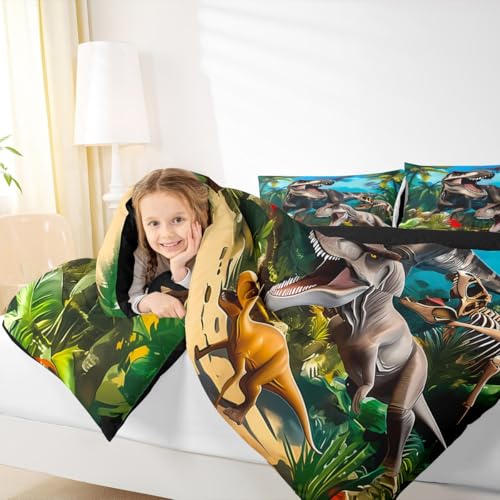 Image of Feelyou Dinosaur Dino Jungle Comforter Set King Size Boys Girls Bedding | Children Wild Animal All Season Breathable Soft Duvet Set Quilt Set Room Decor Microfiber 3Pcs Warm Cozy Lightweight
