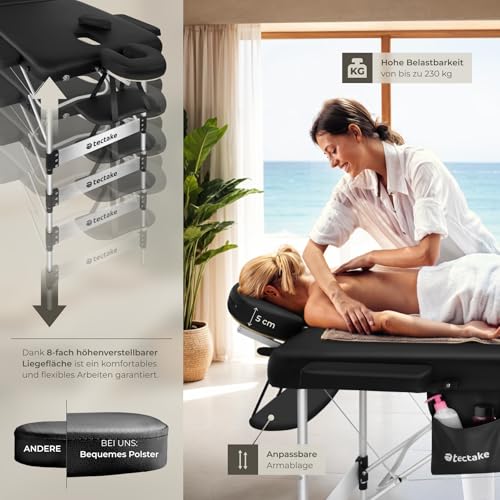 tectake® Massageliege 3 Zonen, Massagetisch, Massageliege klappbar, höhenverstellbare Aluminium Massageliege, Massagebett tragbar inkl. Zubehör, Kopfstütze, Armlehne, Tragetasche - schwarz 4