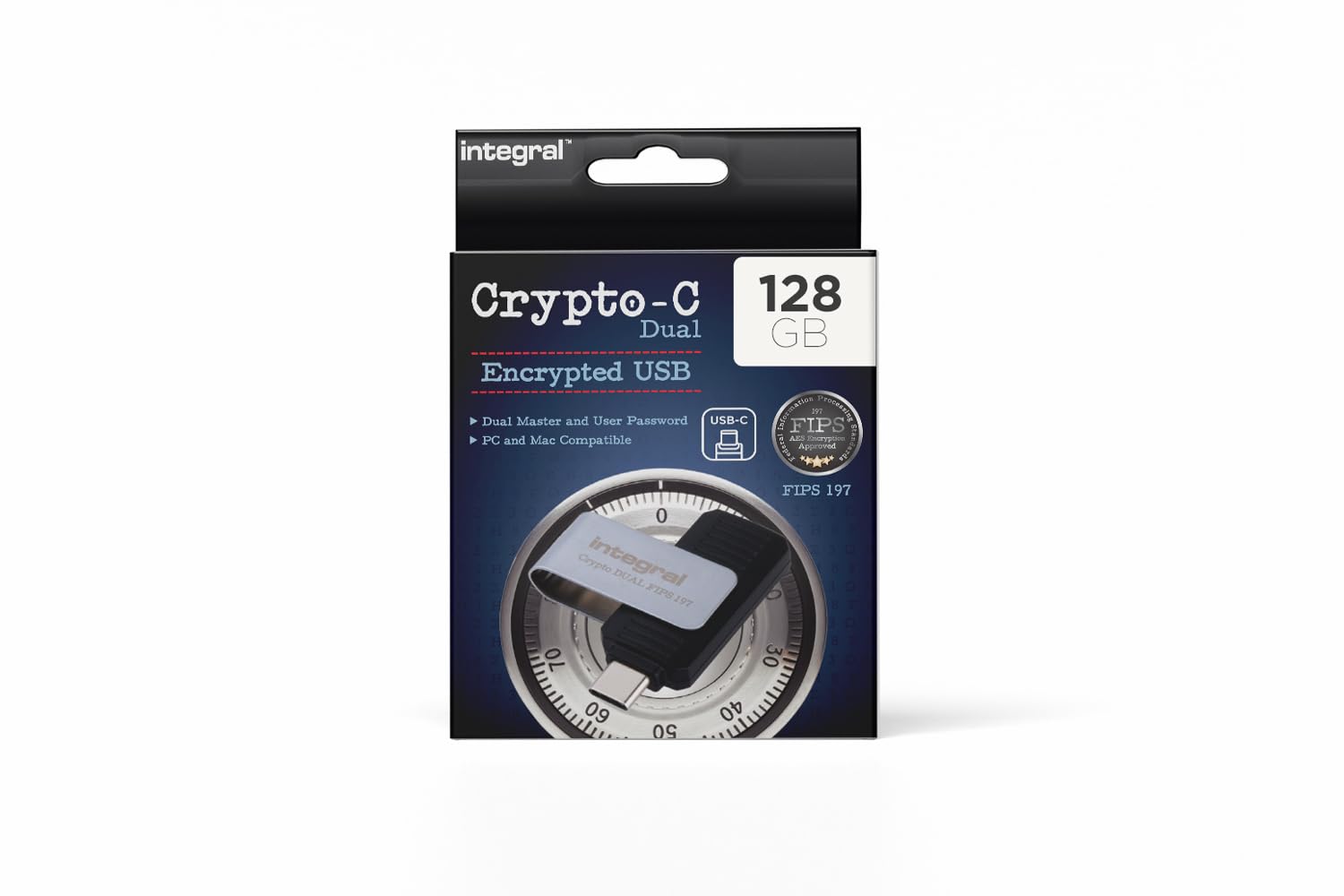 Integral 128GB Crypto-C Dual Encrypted USB Flash Memory Drive, AES-XTS 256-Bit Hardware Encrypted USB 3.2 with Secure Dual Password - Certified to FIPS 197, Compatible with Mac, MacBook, PC, laptop