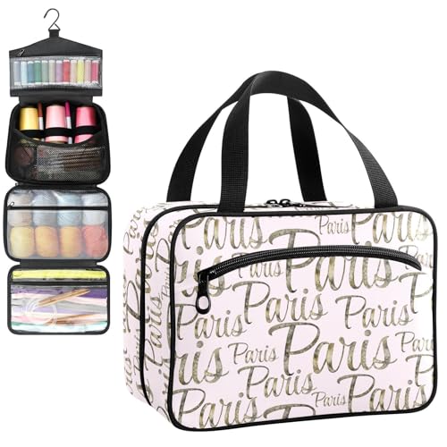 YNNALE Sewing Supply Organizer Bag, Hand Writing Gold Paris Light Pink Portable Sewing Bags with Pockets&Hanger, Sewing Storage Box Case for Sew Supplies/Kit/Tools/Accessories (BAG ONLY)