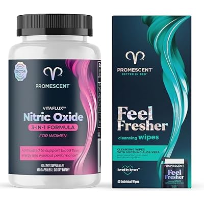 Promescent VitaFLUX Women's Nitric Oxide Booster Supplement + Flushable Wipes for Adults, Personal Cleansing Hygienic Wet Wipes for Men and Feminine Use