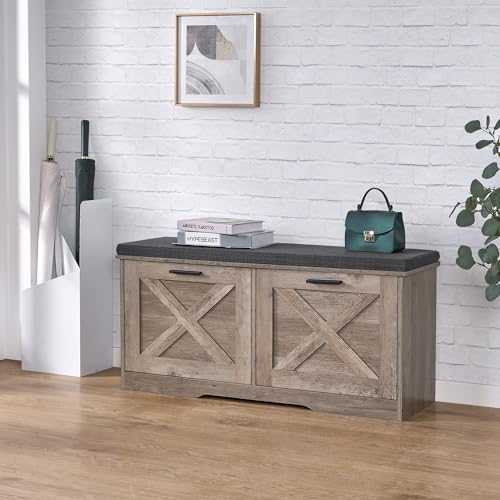 Shoe Storage Bench with 2 Flip Drawers, Entryway Bench with Padded Seat Cushion, Shoe Cabinet with 2 Barn Doors, 11.8" D x 39.4" W x 18.4" H, for Entryway, Living Room, Bedroom, Greige