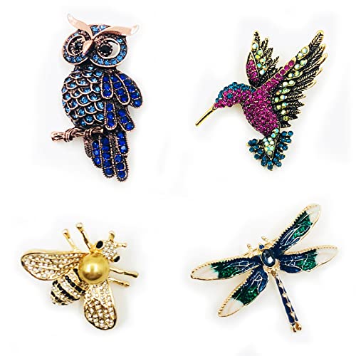 4 Pezzi Set di Spilla Donna Colorato Spilla, Spille di Animali di Cristallo Colorati, Smalto Animali Spilla, Gufo, Ape, Libellula, Spilla...