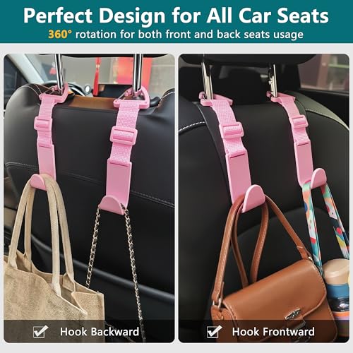 Image of Amooca 4 Pack Anti-drop Headrest Hooks Adjustable Car Seat Organizer | Universal Fit with Clip, Hanger for Backpack Umbrella Water Bottle Coat Purses Handbags Groceries, 40lb Heavy Duty, Pink