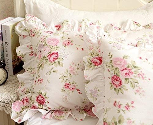 FADFAYShabby Pink Rose Floral Print Pillowcases Elegant Country Style Vintage Lace Ruffles Bedding Pillow Covers King/Cal. King Size 20" x 36"