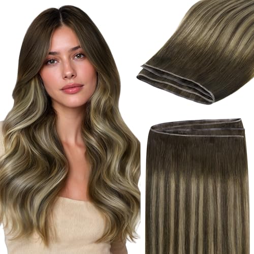 Image of GOO GOO Genius Narrow Edge PU Weft Hair Extensions Human Hair, Invisible Sew in Hair Extensions Human Hair, 4 /26 /4 Balayage Chocolate Brown to Honey Blonde 18 Inch 100g, Seamless Soft Lightweight