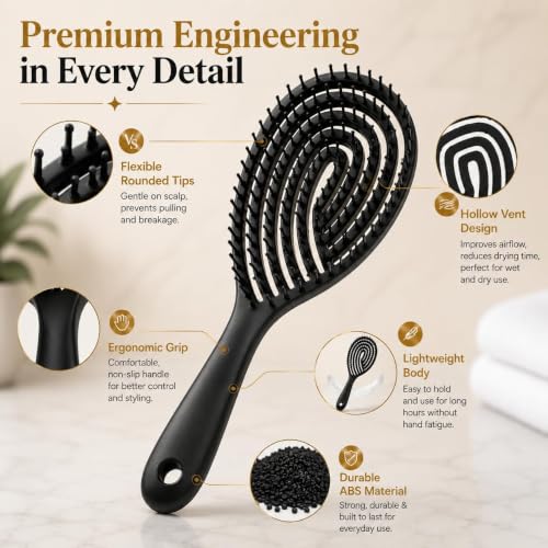 Image of Detangling Hair Brush for Women & Men- Anti Hair Fall Comb for Curly, Wavy & Straight Hair | Hair Straightening Brush, Wet & Dry Styling Brush | Scalp Massager, Frizz Control & Tangle (vented paddle Black)