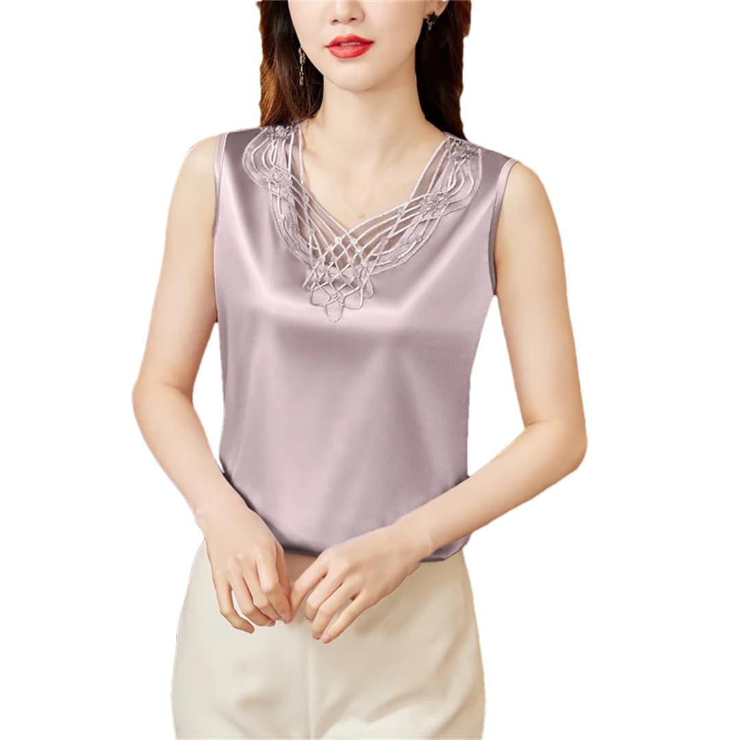 Camicie da donna senza maniche in seta estiva allentata casual in raso top tinta unita scollo