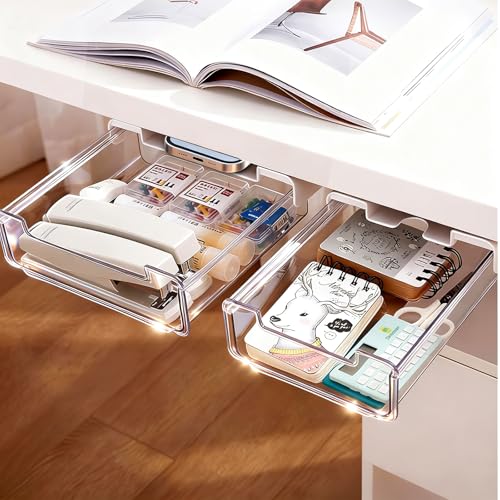 TooCust 2 Pack Under Desk Storage Drawers Slide Out-Drill-On or Self-Adhesive,Large&Medium Drawer...