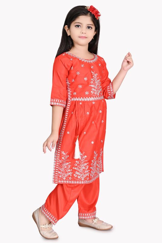 Image of Girls Ethnic Cotton Kurta and Straight Pant Set with Silky Dupatta